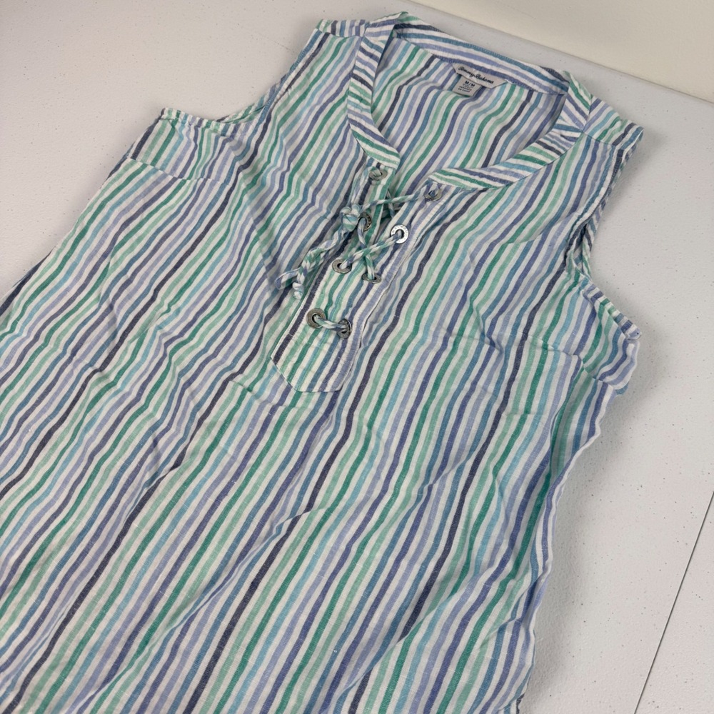 Tommy Bahama Womens Blue Green Striped Lace Up Sleeveless Linen Top Size M